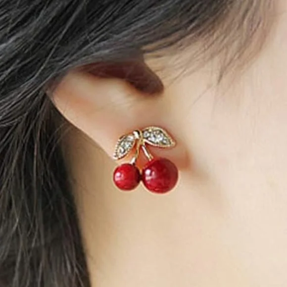 Vintage Look Earrings Red Cherry Crystal Leaf Stud for Women Red Velvet Gift Box - Picture 7 of 8